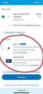 PayPal screen showing where the payment options are